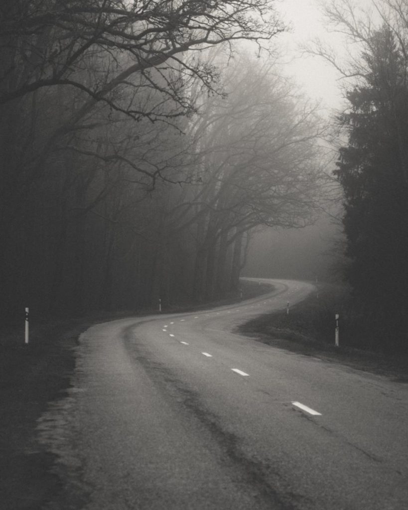 A winding and gloomy road on a foggy day near Limbaži