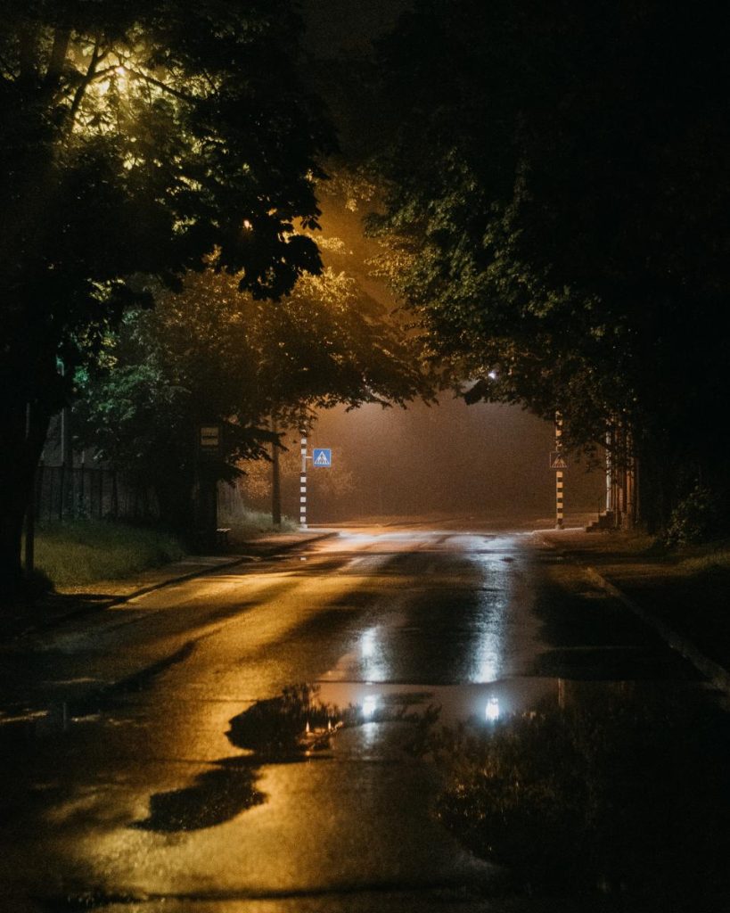 Riga street at night right after rain on a warm summer night, with light reflecting off the road