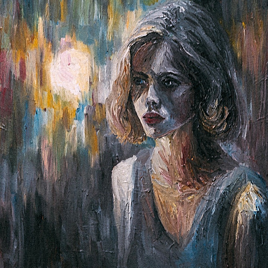 Oil painting of a young, thin woman lit by headlights in a studio
