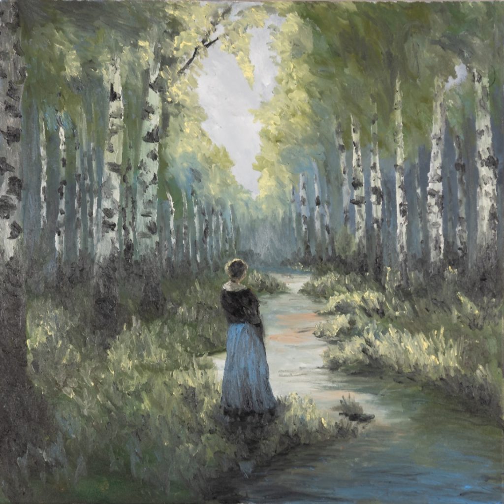Oil painting of a woman standing in a bitch forest with a small river running through it