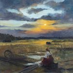 Oil painting of a woman sitting on a wood block after the rain in the fields of Latvia