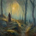 Oil painting of a figure standing on rocks and looking forward towards the sunset glowing through the woods