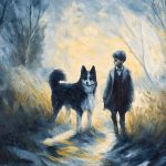 Oil painting of a boy with his laika dog walking through the woods