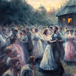 Oil painting of a large crowd dancing on the last night of the summer