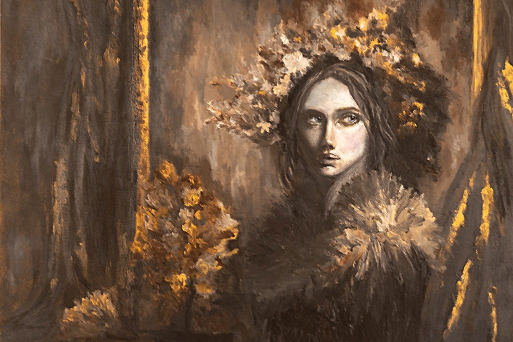 Oil painting of a young lady in gold, with her looking to the side of the frame