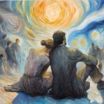 Oil painting of a couple, with the woman resting her head on his shoulder, at the precipice of dreams