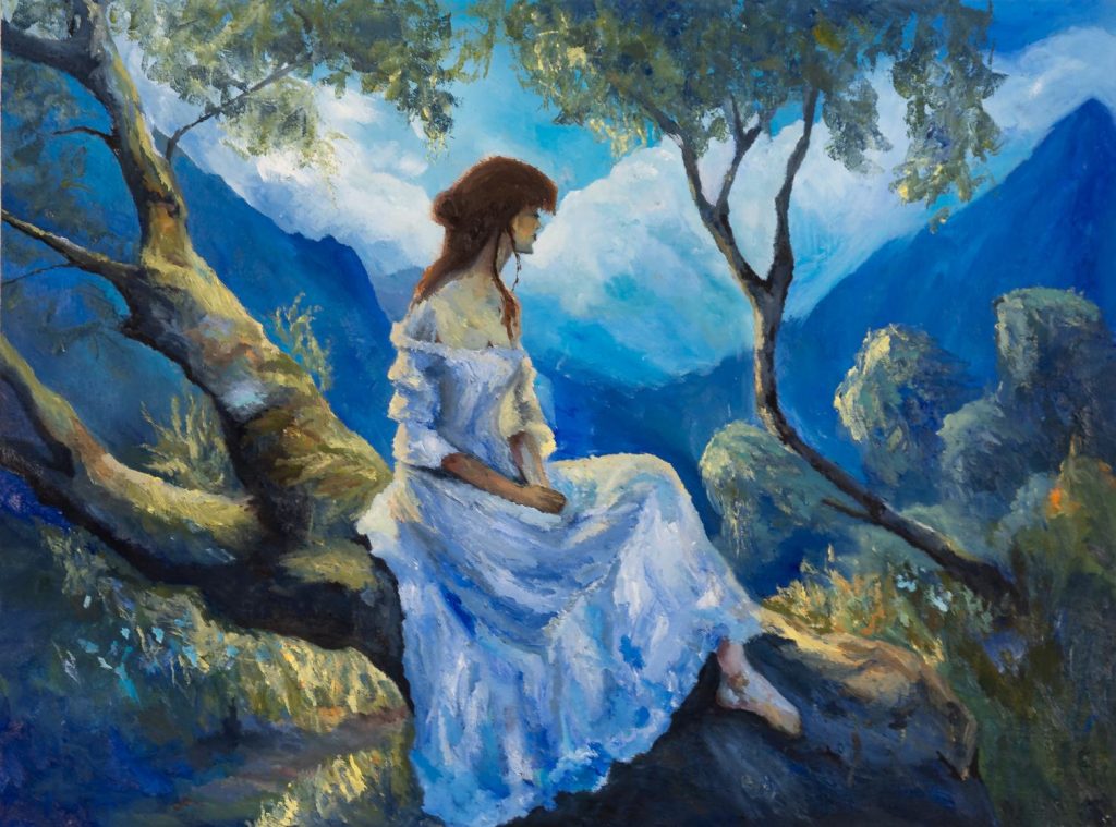 Oil painting of a young redheaded woman sitting on a tree with a pensive outlook, overseeing a mountain range