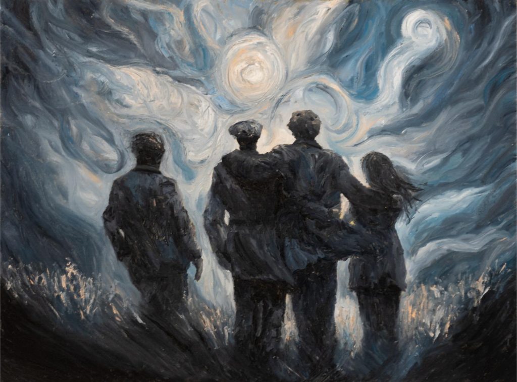 Oil painting of four friends standing together, at the precipice of something mystical