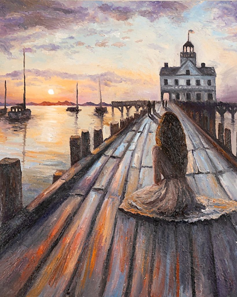 Oil painting of a young woman sitting on the pier at sunset