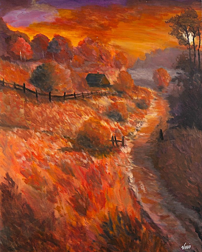 Acrylic painting of a vibrant, autumnal scene of a pathway leading home