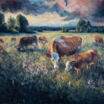 Oil Painting of grazing cows in the field, vibrant sunset colors