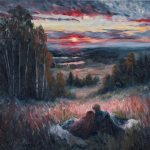 Oil painting of a couple resting on a blanket at sunset, overlooking a valley