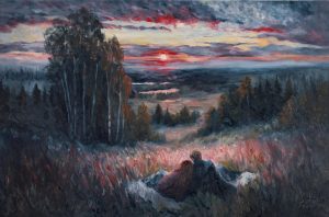 Oil painting of a couple resting on a blanket at sunset, overlooking a valley