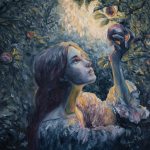 Oil painting of a young woman picking apples in a sunlit garden