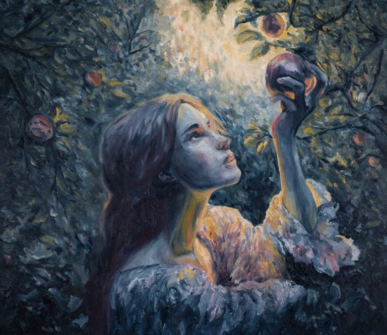 Oil painting of a young woman picking apples in a sunlit garden
