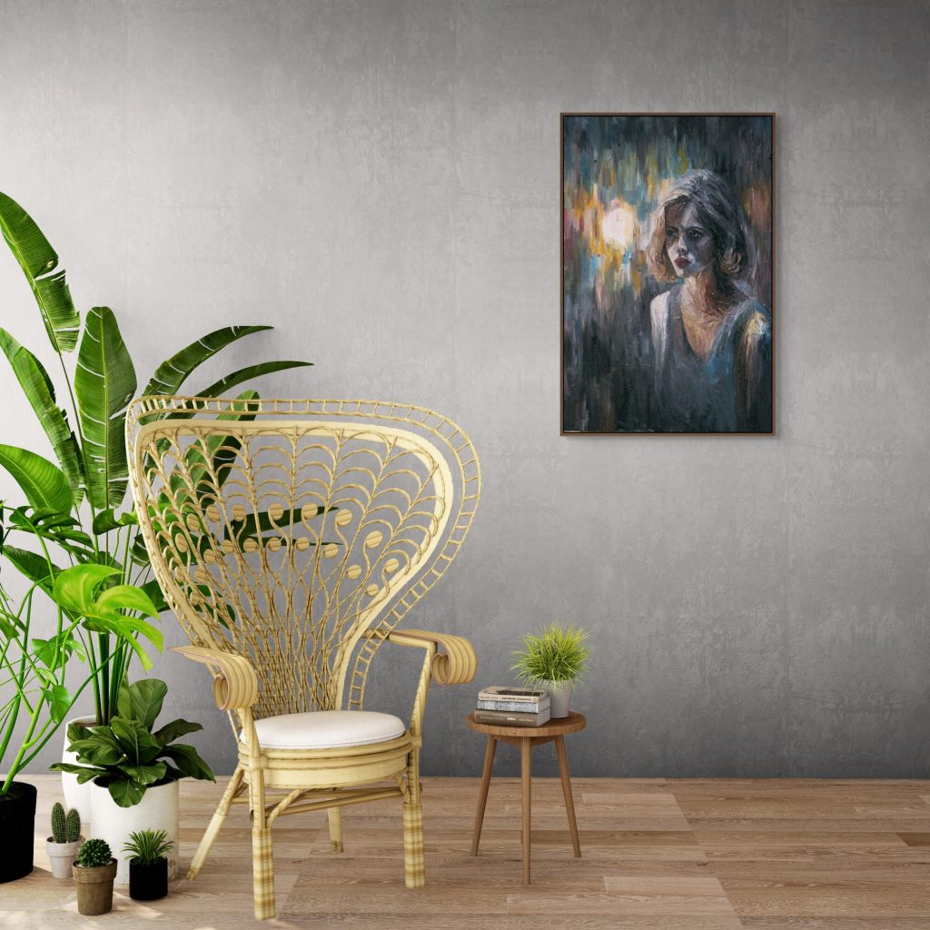 Oil painting of a young, thin woman lit by headlights in a studio